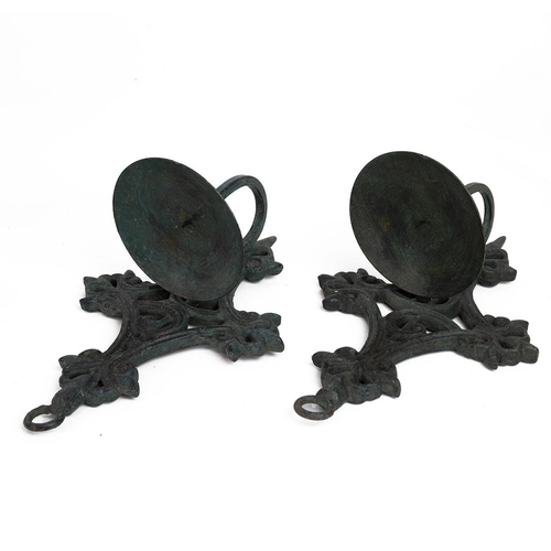 415 - Pair of bronzed two branch electric wall sconces, a pair of candle wall sconces and a black metal fi... 