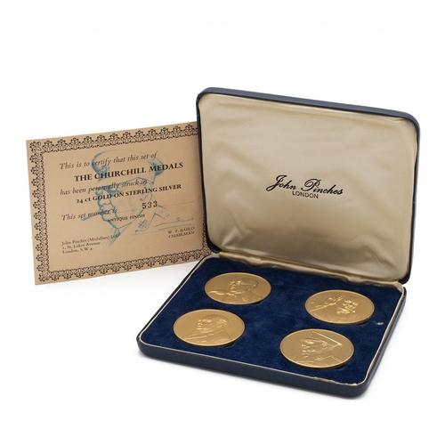 455 - Set of four John Pinches London 'The Churchill Medals' set, 24ct gold on sterling silver with certif... 