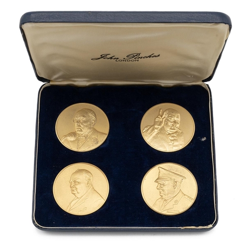 455 - Set of four John Pinches London 'The Churchill Medals' set, 24ct gold on sterling silver with certif... 