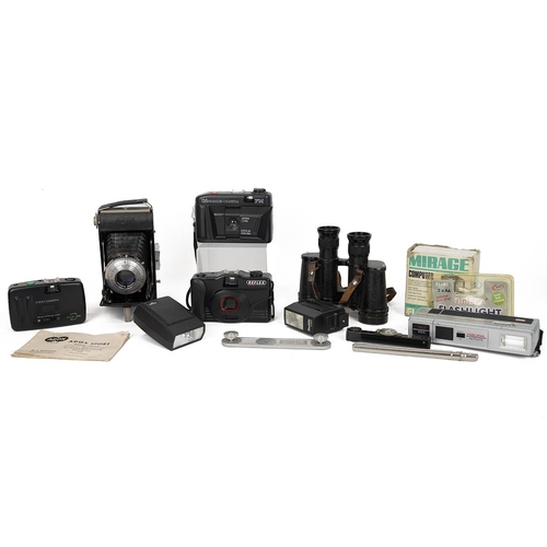 461 - WWII military prismatic binoculars stamped MKS MKII, cased, along with a box camera and various asso... 