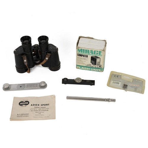 461 - WWII military prismatic binoculars stamped MKS MKII, cased, along with a box camera and various asso... 