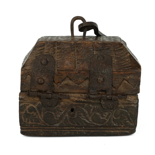 483 - 17th-century style carved oak hanging casket with iron hinges, hasp, staple and hook. 14cm x 11cm x ... 