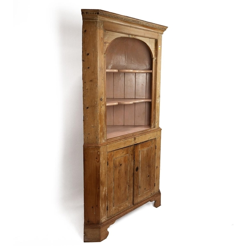 485 - 19th Century pitch pine two section corner cabinet, the upper section with shaped cornice above a cu... 