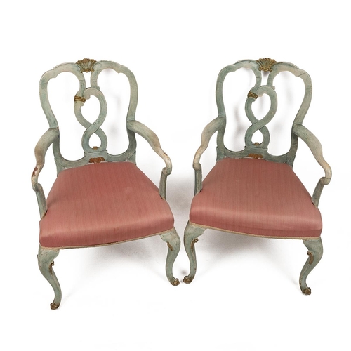 486 - Pair of 20th Century painted open armchairs, each with a red upholstered seat, with a figure of eigh... 