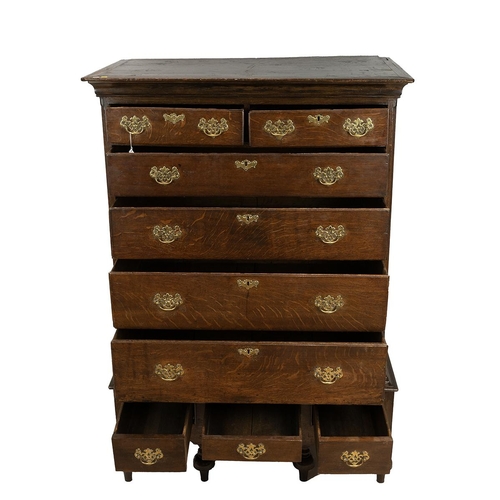 487 - Georgian oak chest on stand with shaped cornice above two short over four long graduating drawers wi... 