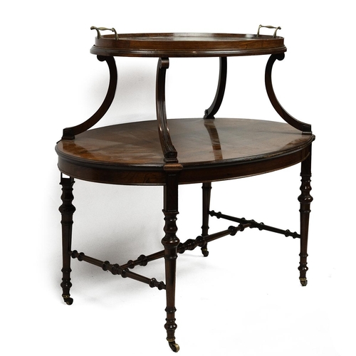 491 - Edwardian Regency style oval rosewood veneered two tiered tray table, the upper brass twin handled g... 