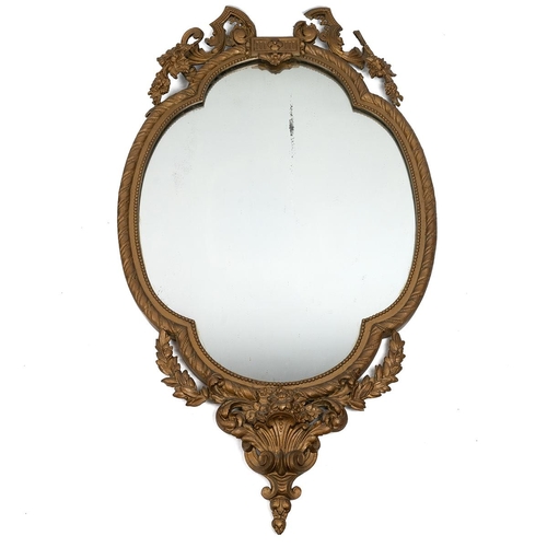 494 - A 19th century gilt Rococo style oval shaped wall mirror surmounted with an eagle L85cm x H82cm, tog... 