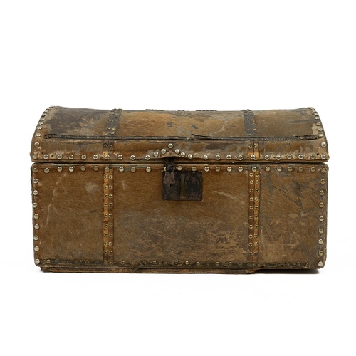 496 - Georgian horse skin clad dome and and later stud work travelling trunk with iron drop handles monogr... 