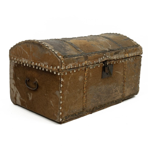 496 - Georgian horse skin clad dome and and later stud work travelling trunk with iron drop handles monogr... 