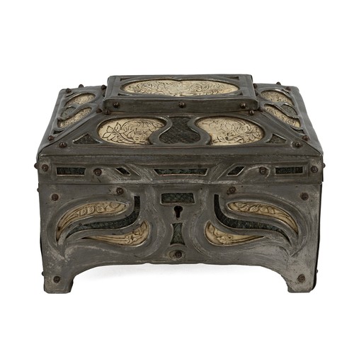 502 - An Art Nouveau Pewter Vellum and Snakeskin sarcophagus shaped casket raised on bracket supports, pen... 