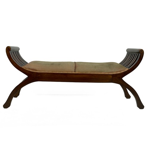 509 - 19th Century style, stained colonial duet window seat with leather seat and arched arms with square ... 