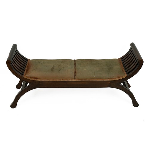 509 - 19th Century style, stained colonial duet window seat with leather seat and arched arms with square ... 