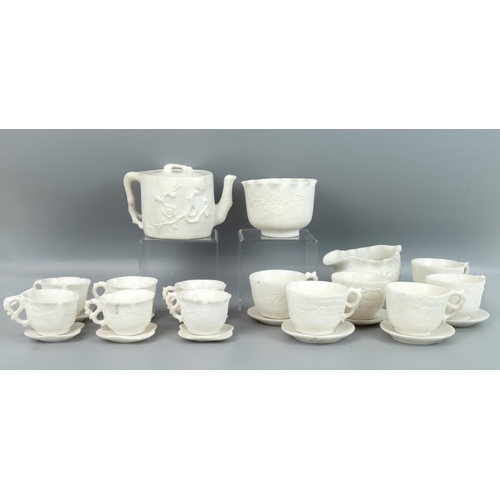 132 - A 27 PIECE ORIENTAL SOAPSTONE TEA SET, LATE 19TH/EARLY 20TH CENTURYTo include teapot, milk jug, suga... 