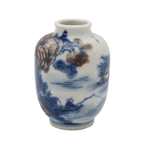 209 - A CHINESE BLUE AND WHITE SNUFF BOTTLE, QING DYNASTYOf ovoid form, decorated with a landscape scene t... 