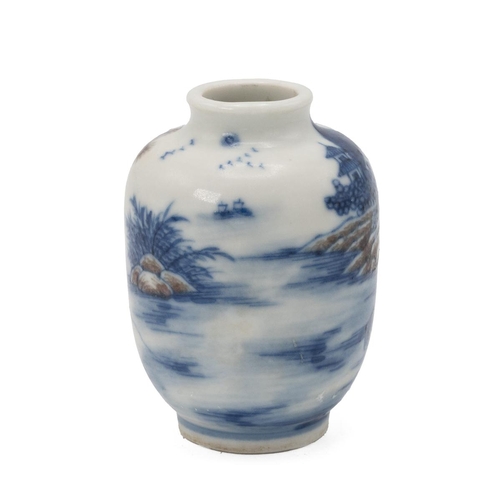 209 - A CHINESE BLUE AND WHITE SNUFF BOTTLE, QING DYNASTYOf ovoid form, decorated with a landscape scene t... 