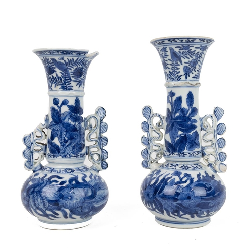 158 - A PAIR OF CHINESE BLUE AND WHITE TWIN HANDLED VASES 18TH CENTURYAfter a Venetian glass prototype, ea... 