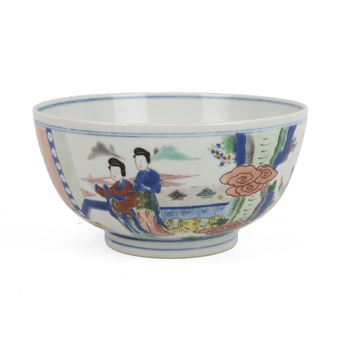 100 - A CHINESE FAMILLE ROSE BOWL, 20TH CENTURYDepicting the legend of Xi Xiang Ji on the exterior wall, a... 