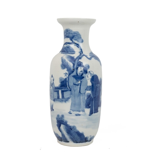 162 - A CHINESE BLUE AND WHITE VASE 20TH CENTURY.Of baluster shape and everted mouth rim, decorated with t... 