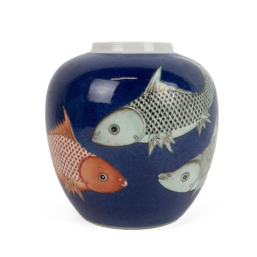 163 - CHINESE GINGER JAR 19TH CENTURY.Decorated with four hand painted koi carp on a cobalt blue glaze gro... 