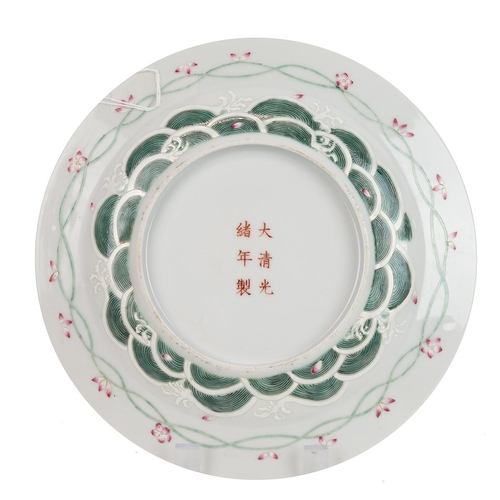 114 - A FAMILLE ROSE PLATE, LATE QINGDecorated with various blossoms including apple, pear, peonies etc. T... 