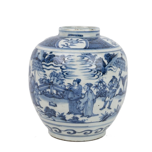 87 - A CHINESE BLUE AND WHITE VASE, 20TH CENTURYOf bulbous form decorated with figures in a pictorial gar... 