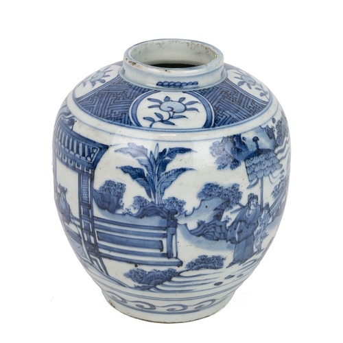 87 - A CHINESE BLUE AND WHITE VASE, 20TH CENTURYOf bulbous form decorated with figures in a pictorial gar... 