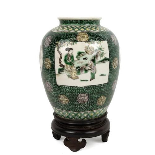 65 - THREE CHINESE PORCELAIN ITEMS, 18/19TH CENTURYThe famille verte jar decorated with figures in panels... 