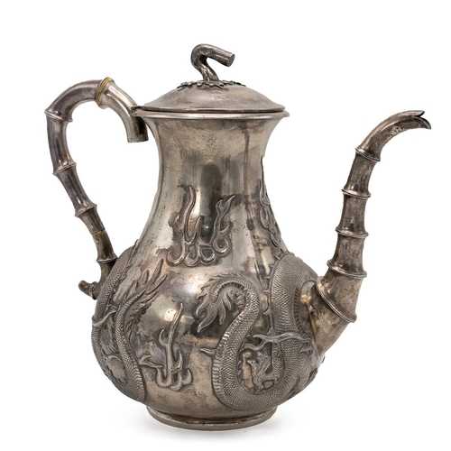 356 - A CHINESE SILVER COFFEE POT, LATE 19th TO EARLY 20th CENTURYThe handle and spout in the form of bamb... 