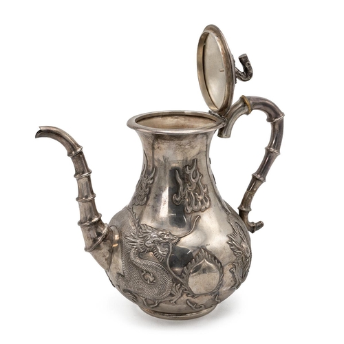 356 - A CHINESE SILVER COFFEE POT, LATE 19th TO EARLY 20th CENTURYThe handle and spout in the form of bamb... 