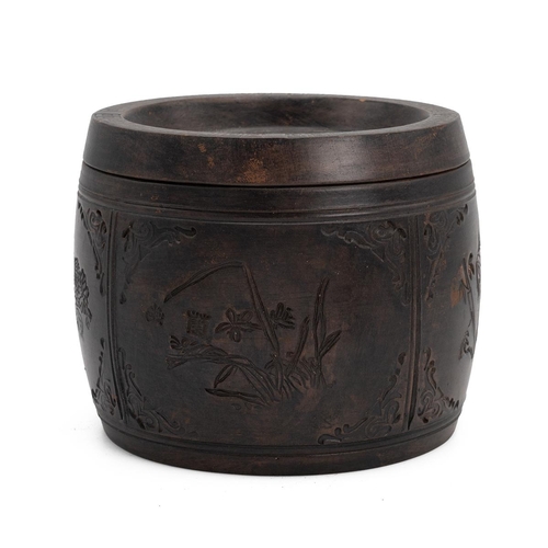 84 - A CHINESE YIXING ZISHA CHESS JAR WITH COVER, 1854The body carved floral patterns in four panels, res... 