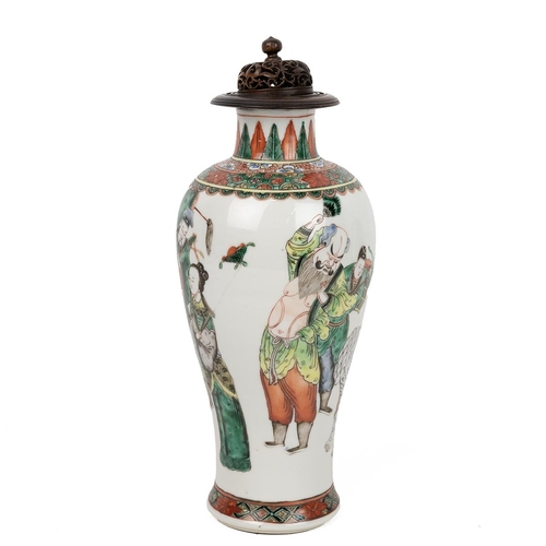 170 - A CHINESE FAMILLE VERTE VASE WITH COVER, QING DYNASTYOf baluster shape, decorated with the legend of... 