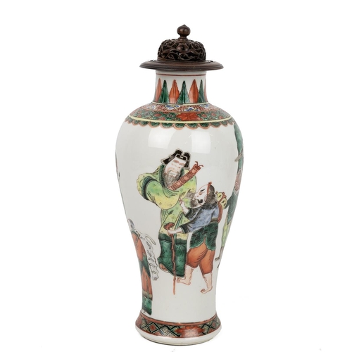 170 - A CHINESE FAMILLE VERTE VASE WITH COVER, QING DYNASTYOf baluster shape, decorated with the legend of... 