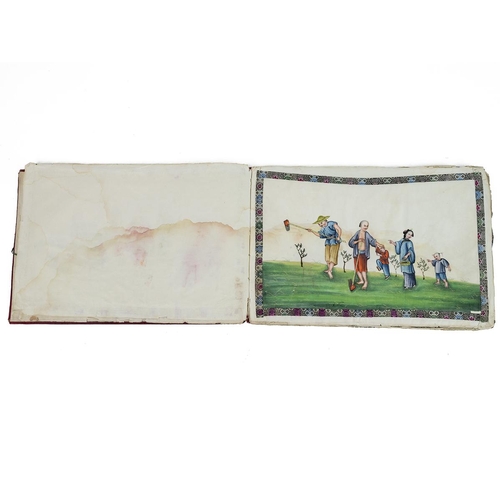 312 - A BOOK OF 12 CHINESE RICE PAPER PAINTINGS, QING DYNASTYDepicting the process of tea production in Ch... 