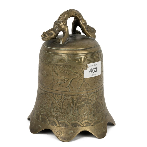 355 - BRASS TEMPLE BELL, 19TH-20TH CENTURYDecorated with dragons, flowers and inscribed'Daming Xuande Nian... 