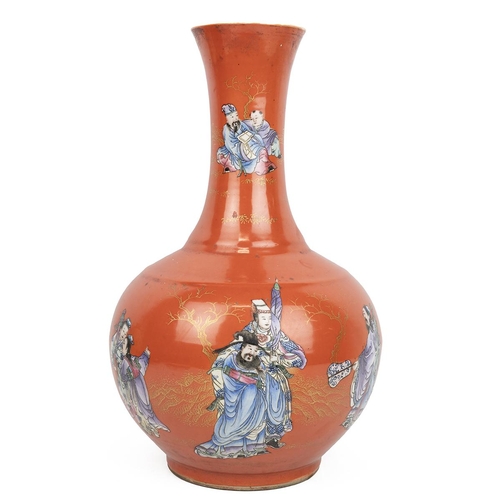 182 - A LARGE CHINESE FAMILLE ROSE VASE, LATE 19TH - EARLY 20TH CENTURYWith orange ground, decorated with ... 