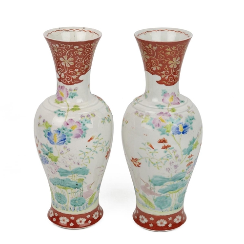 183 - A PAIR OF JAPANESE VASES, MEIJI PERIOD.Of baluster form, the neck decorated with blossom and leaves ... 