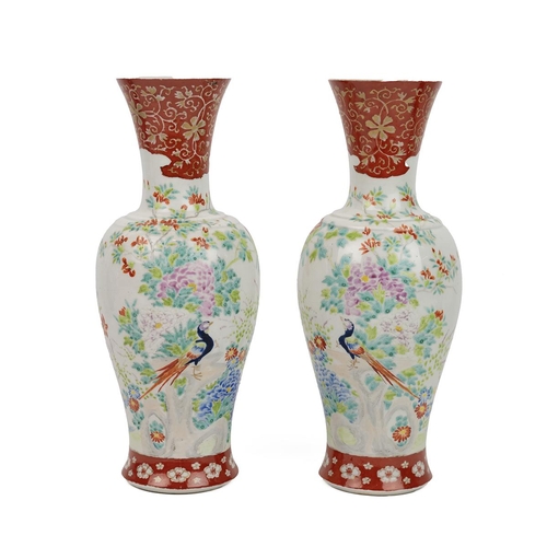 183 - A PAIR OF JAPANESE VASES, MEIJI PERIOD.Of baluster form, the neck decorated with blossom and leaves ... 