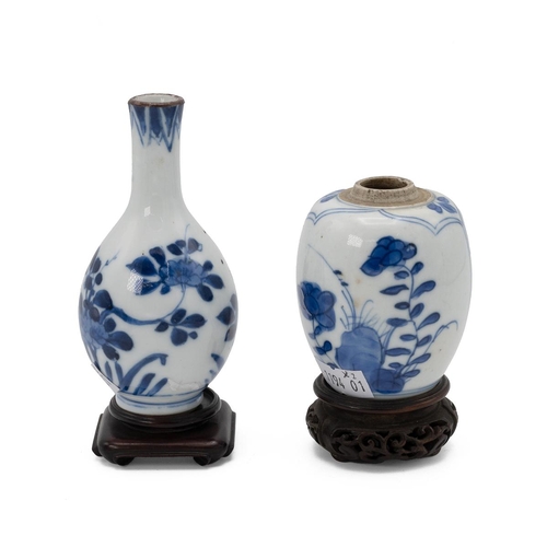 185 - TWO SMALL CHINESE BLUE AND WHITE VASES ON STANDS, KANGXI, 18TH CENTURYOne of baluster form, decorate... 