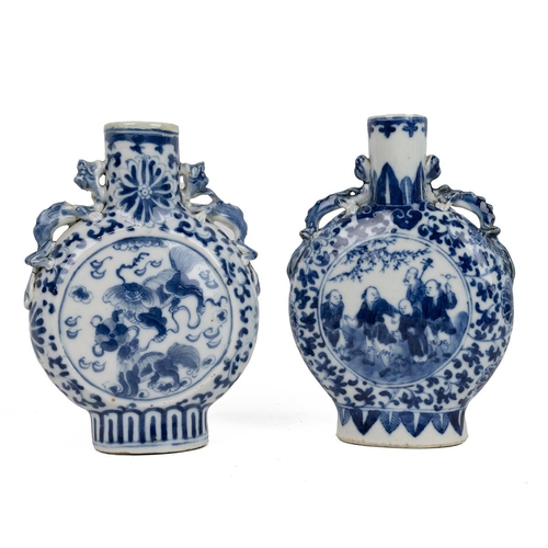 14 - TWO CHINESE BLUE AND WHITE MOONFLASKS, QING DYNASTYOne decorated with children dancing accompanied b... 