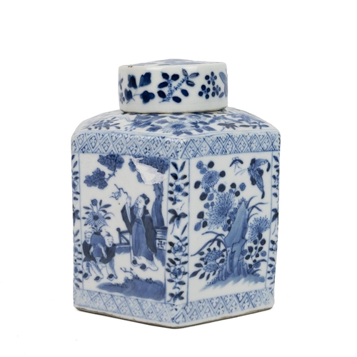 16 - A CHINESE BLUE AND WHITE HEXAGONAL TEA CANISTER, QING DYNASTYDecorated with flowers and birds as wel... 