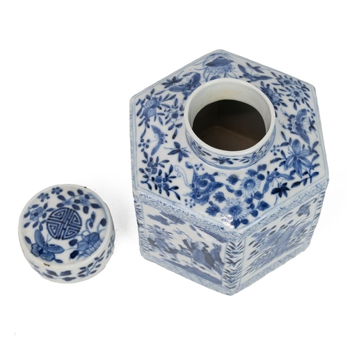 16 - A CHINESE BLUE AND WHITE HEXAGONAL TEA CANISTER, QING DYNASTYDecorated with flowers and birds as wel... 