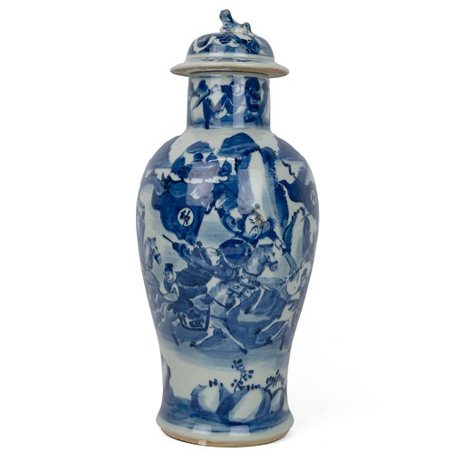 17 - A CHINESE BLUE AND WHITE JAR WITH COVER, JIANGJUN GUAN, QING DYNASTYDepicting the legend 'Sanying Zh... 