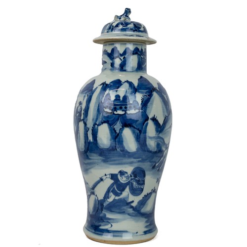 17 - A CHINESE BLUE AND WHITE JAR WITH COVER, JIANGJUN GUAN, QING DYNASTYDepicting the legend 'Sanying Zh... 