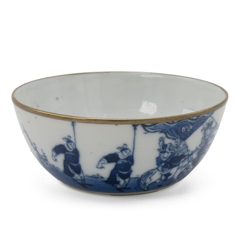 18 - A CHINESE BLUE AND WHITE BOWL, QING DYNASTYSilver protection mounded on the rim, depicting the legen... 