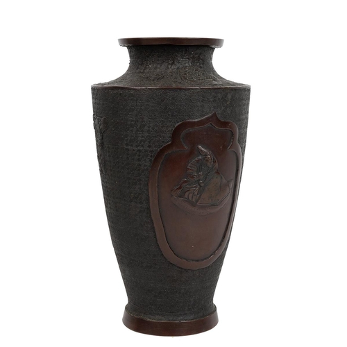 345 - A LARGE JAPANESE BRONZE VASE, MEIJI PERIODThe tapered body raised on a low foot, with everted mouth ... 