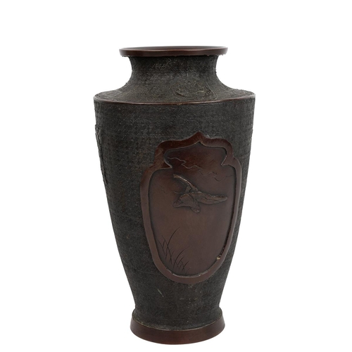 345 - A LARGE JAPANESE BRONZE VASE, MEIJI PERIODThe tapered body raised on a low foot, with everted mouth ... 