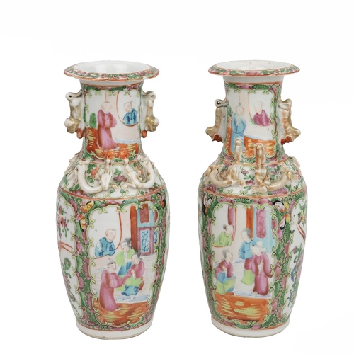 145 - A PAIR OF CHINESE FAMILLE ROSE VASES, 19TH CENTURYOf baluster shape and everted mouth rims, decorate... 