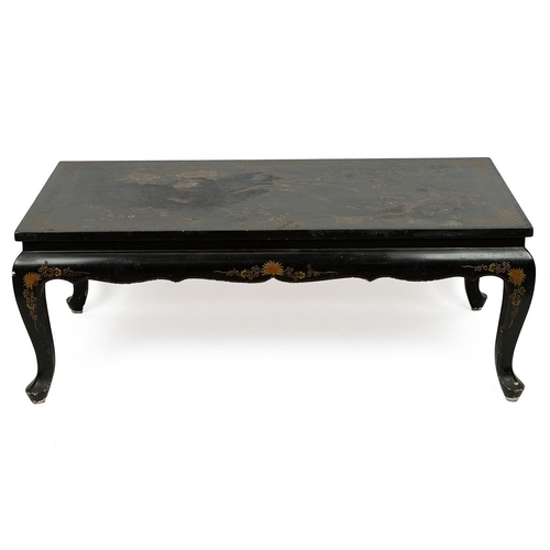 222 - A CHINESE LACQUER COFFEE TABLE.With chinoiserie decoration, the top decorated with birds flowers and... 