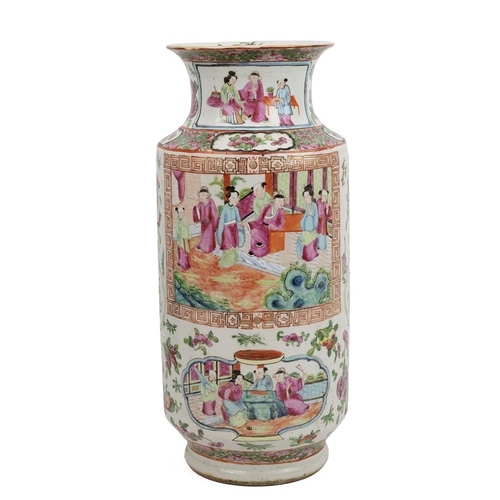 5 - A LARGE CHINESE FAMILLE ROSE VASE, 19TH CENTURYTall cylindrical form decorated with flowers and scen... 