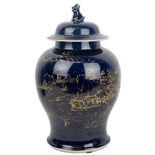 141 - A LARGE CHINESE GILT BLUE GLAZED JAR WITH COVER, QIANLONG PERIOD, 18th CENTURYOf baluster form, gilt... 